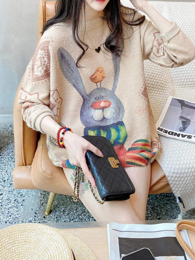 Cute Print Long Sleeve Round Neck Sweater