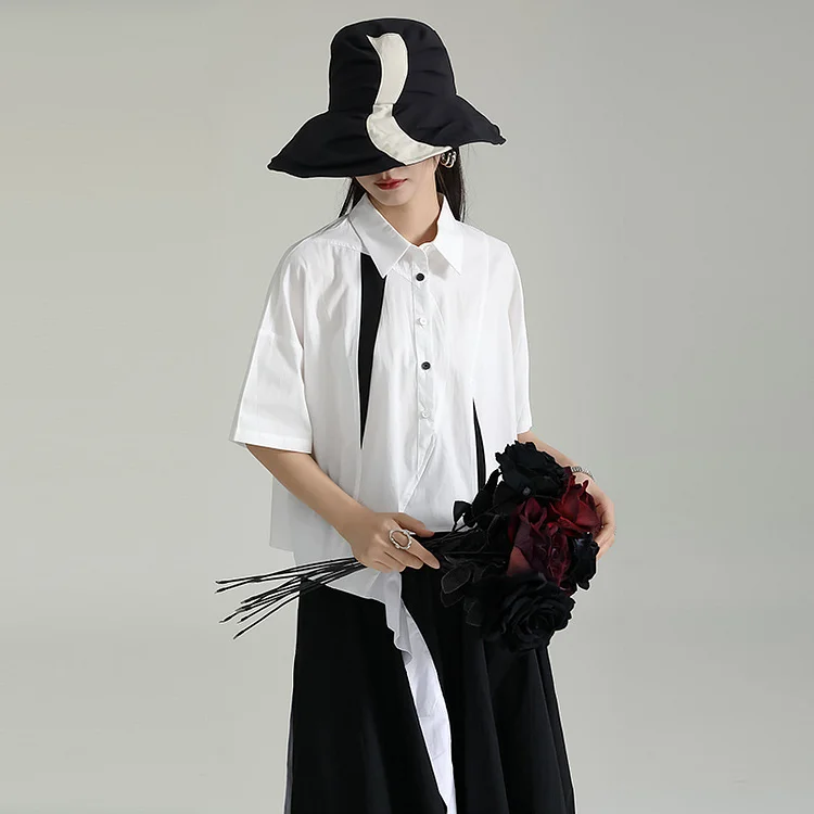 Irregular Color Block Short Sleeve Shirt - yankia