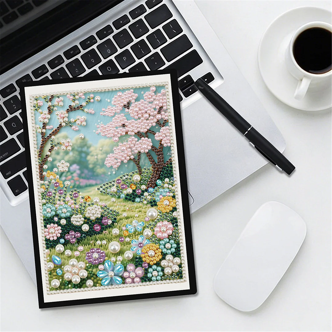 Spring Forest Partial Pearl DIY 50 Pages A5 Diamond Painting Notebook Special Shaped Diamond Art Diary Book Kits Wireless Strip 5D Crystal Art Paintings Sketchbook for Art Drawing
