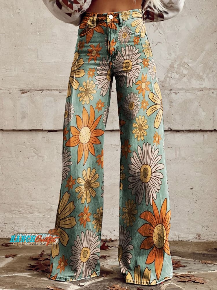 Women’s Vintage Floral Daisy Print Casual Wide Leg Pants Multicolor / Xs
