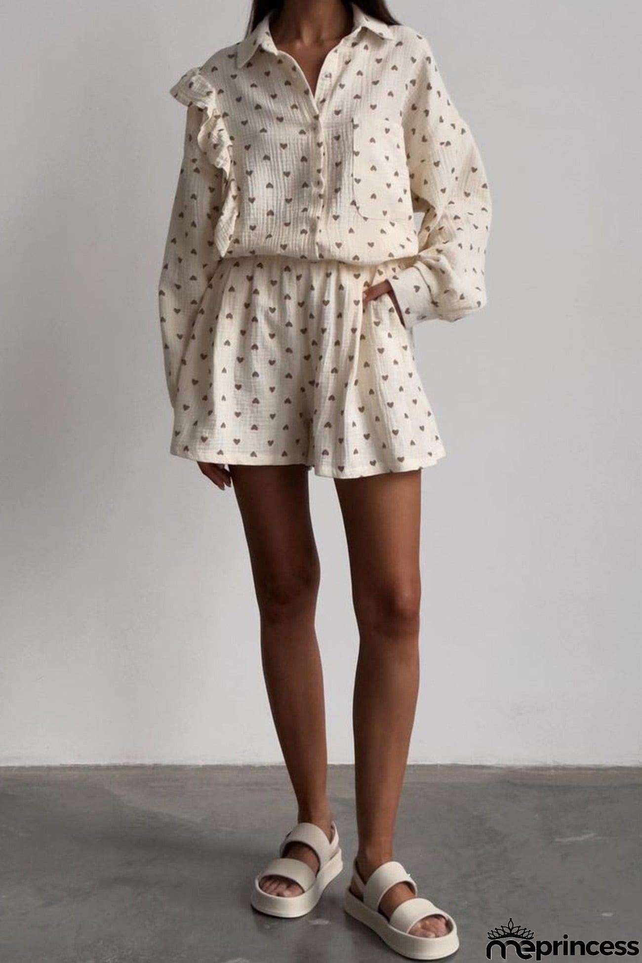 Heart Print Ruffle Long Sleeve Shirt Two Piece Shorts Set