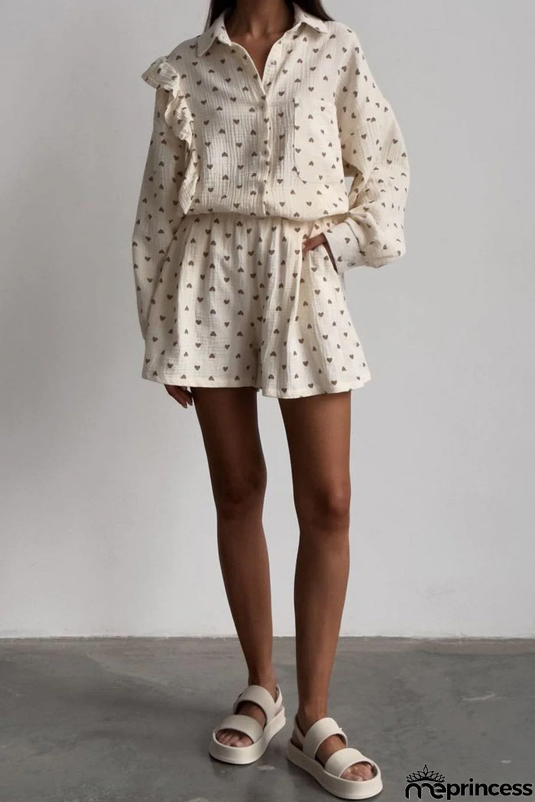 Heart Print Ruffle Long Sleeve Shirt Two Piece Shorts Set