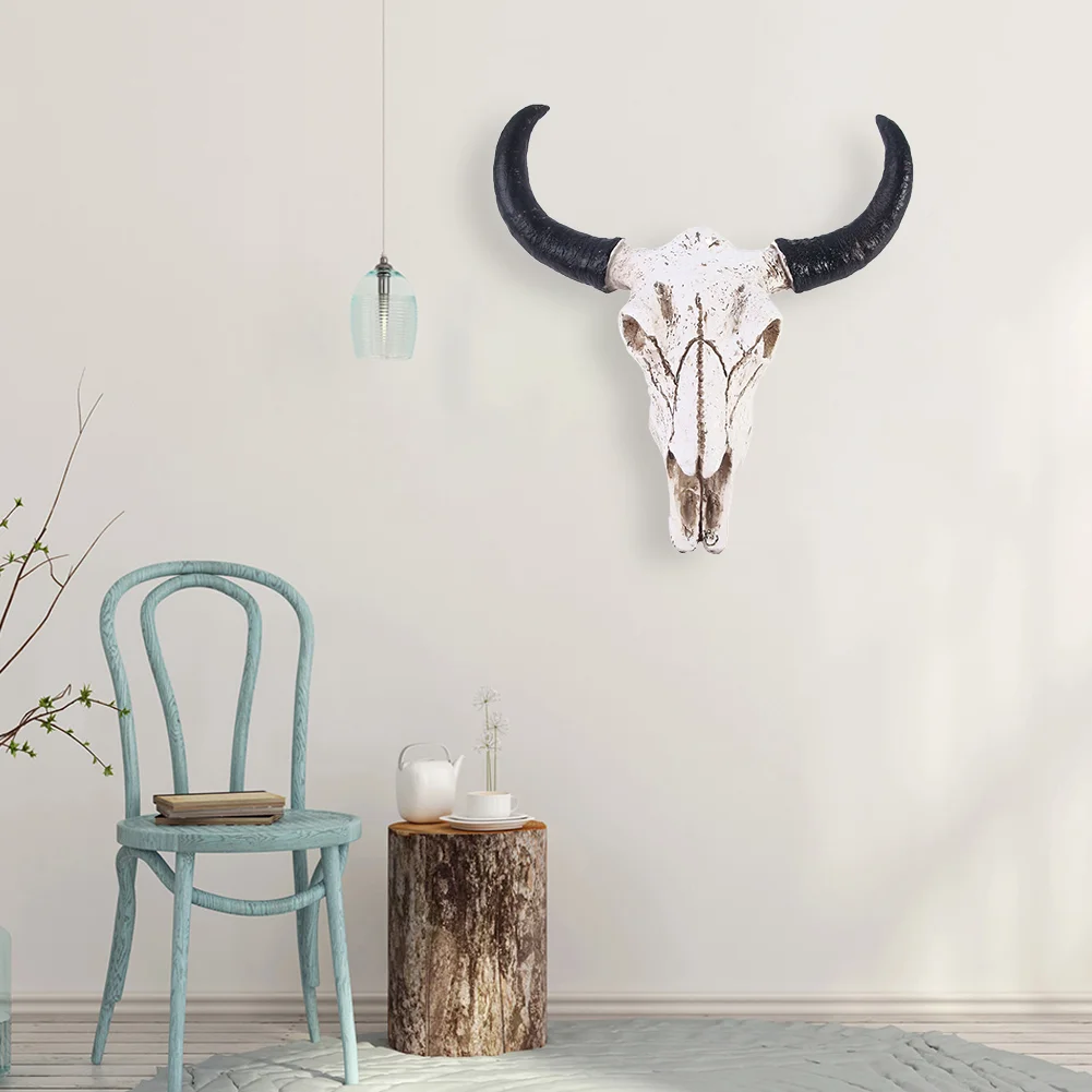 Resin Longhorn Cow Skull Head Wall Decorations Ornament 3D Figurines Crafts