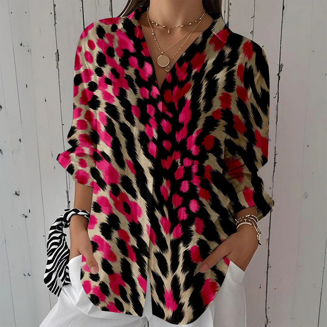Style & Comfort for Mature Women Women Leopard, Red, Black DZCL0333 3/4 Sleeve Shirt Collar Printed Button Tops