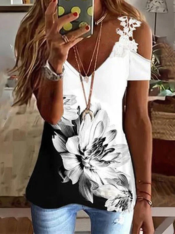 Floral Cold Shoulder V Neck Loose Blouse Top