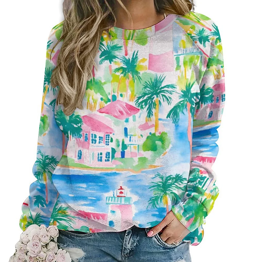 Printed Long Sleeve Casual Sweatshirt for  Women and Men Unisex Pattern Tropical, Summer, Green