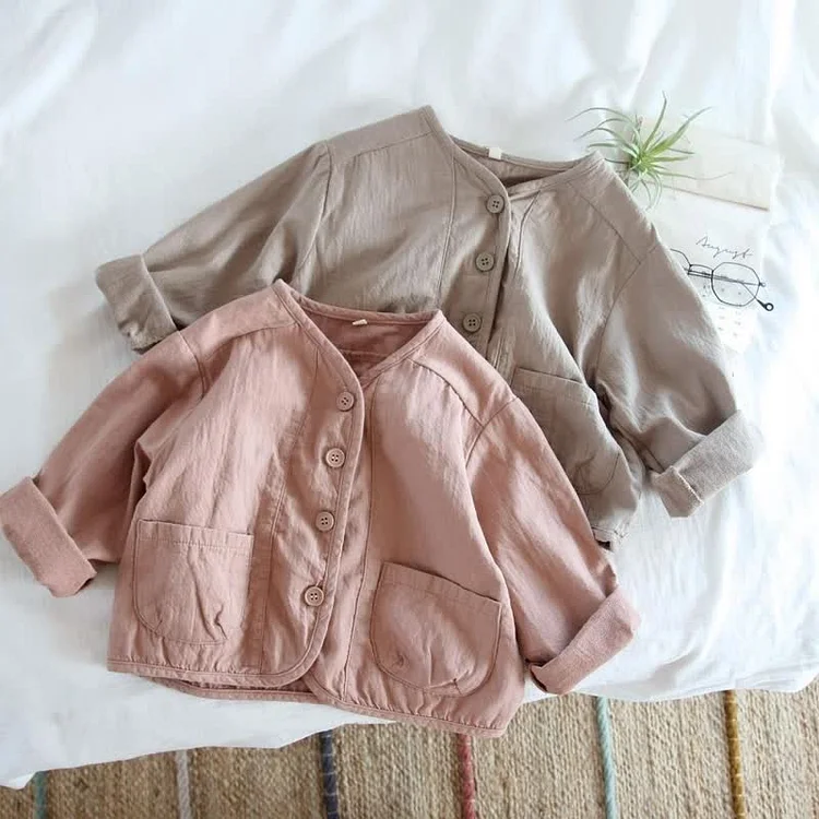 Toddler Solid Color Linen V Neck Coat
