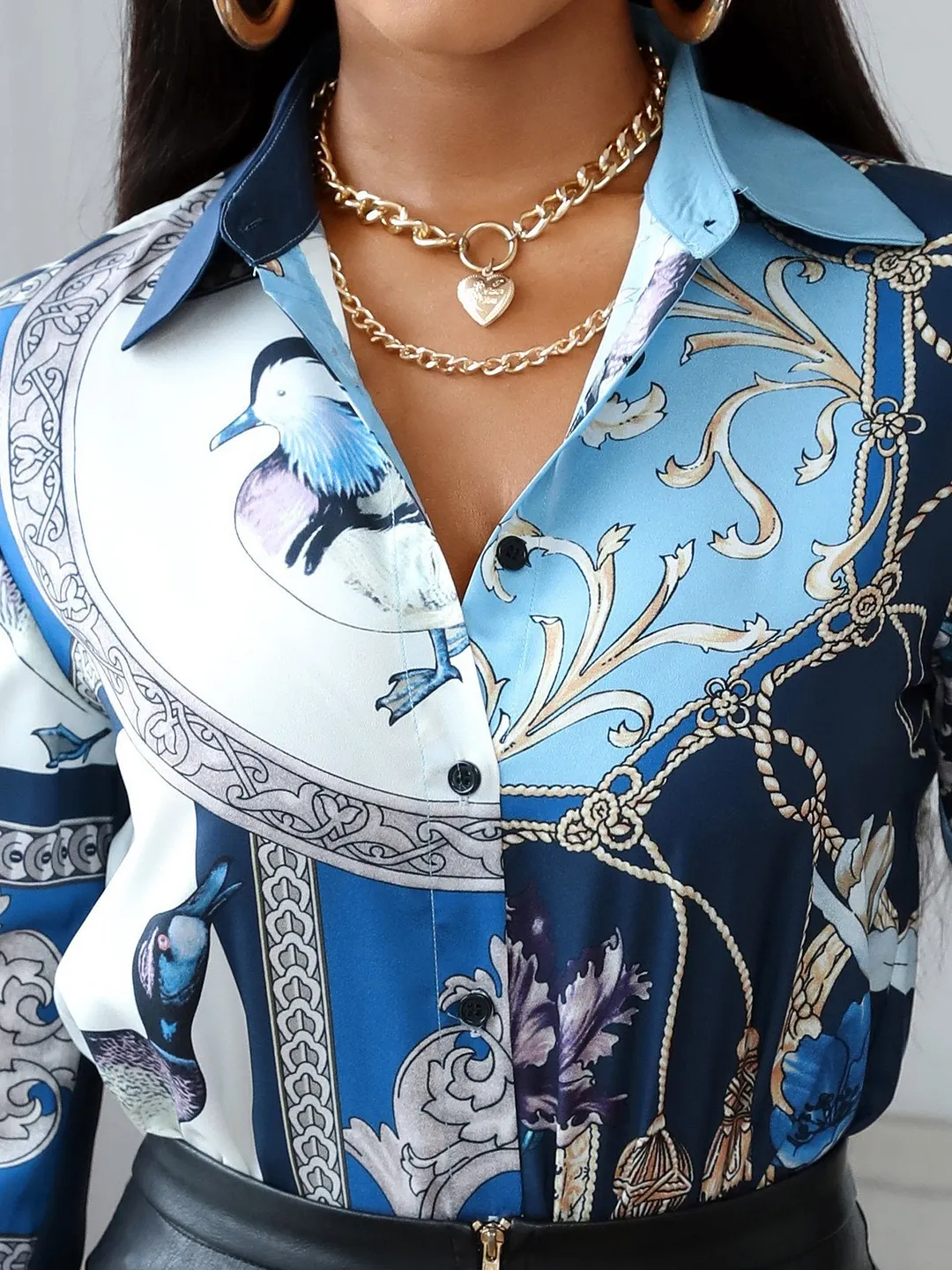 Bird Scarf Print Long Sleeve Shirt for Women