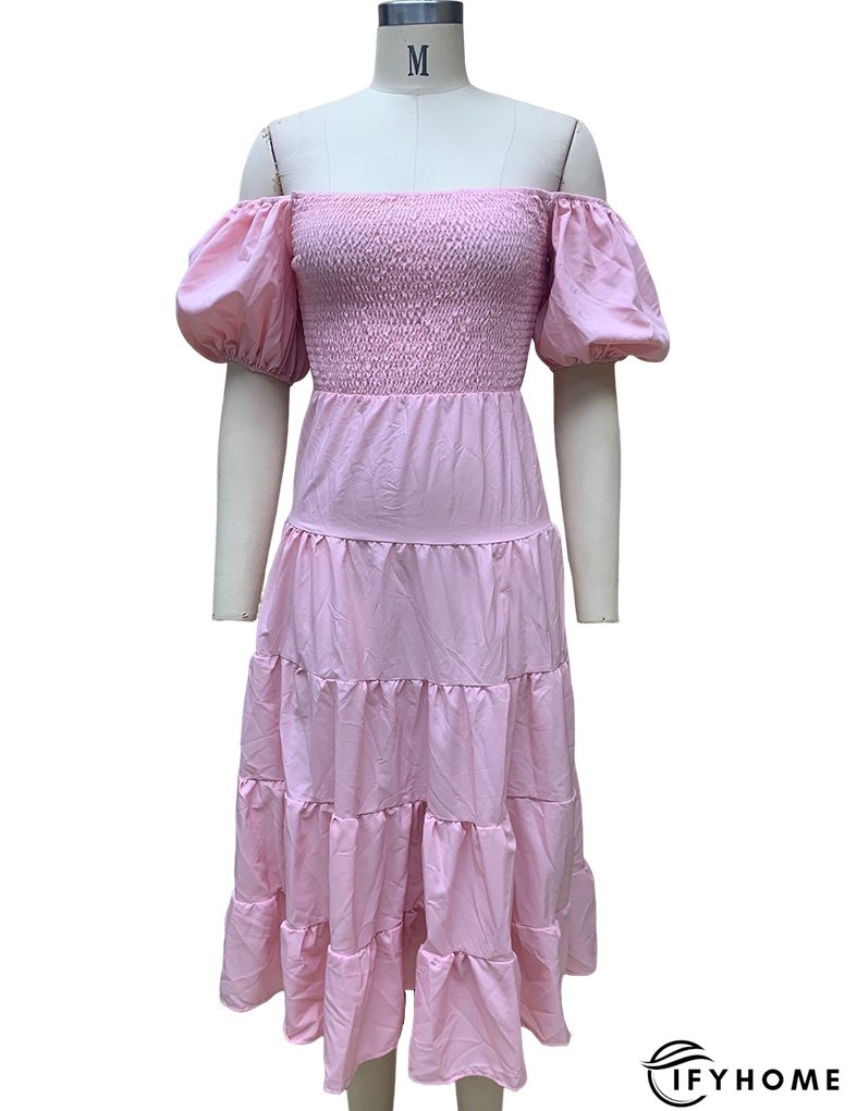 Summer Women's Fashion Loose Off Shoulder Puff Sleeve A-Line Midi Dress | IFYHOME