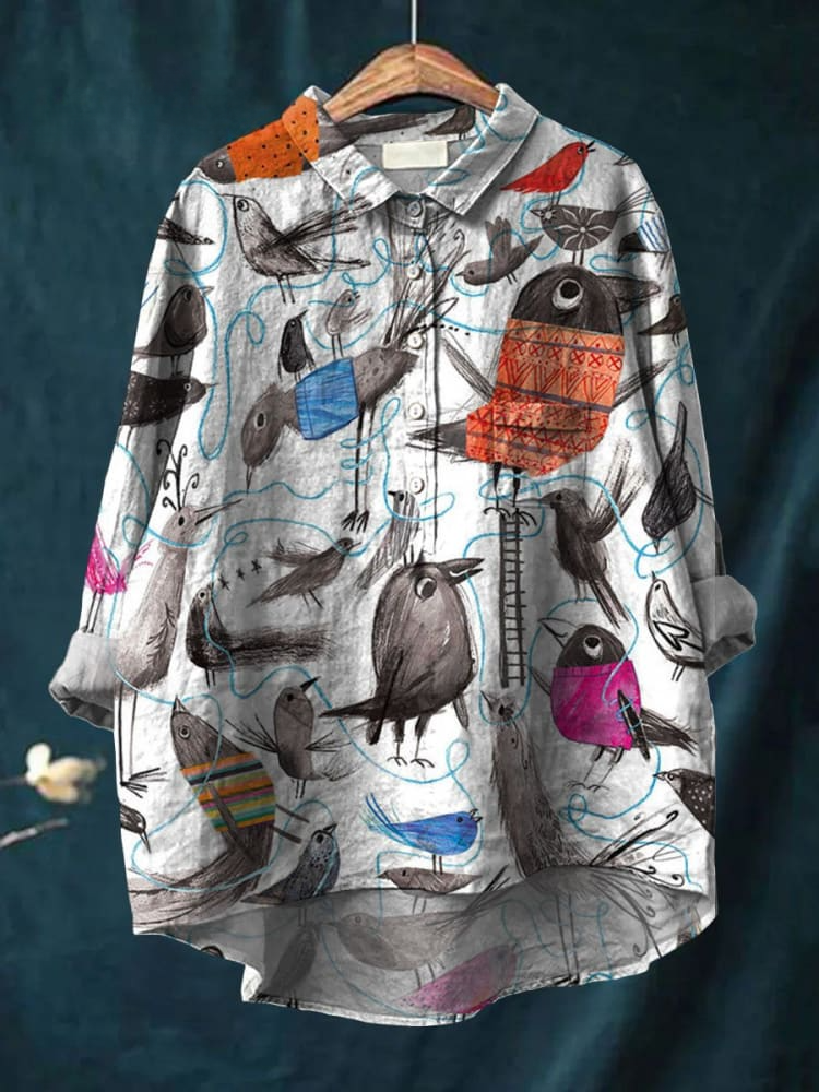 Women's Bird Art Print Casual Cotton And Linen Shirt