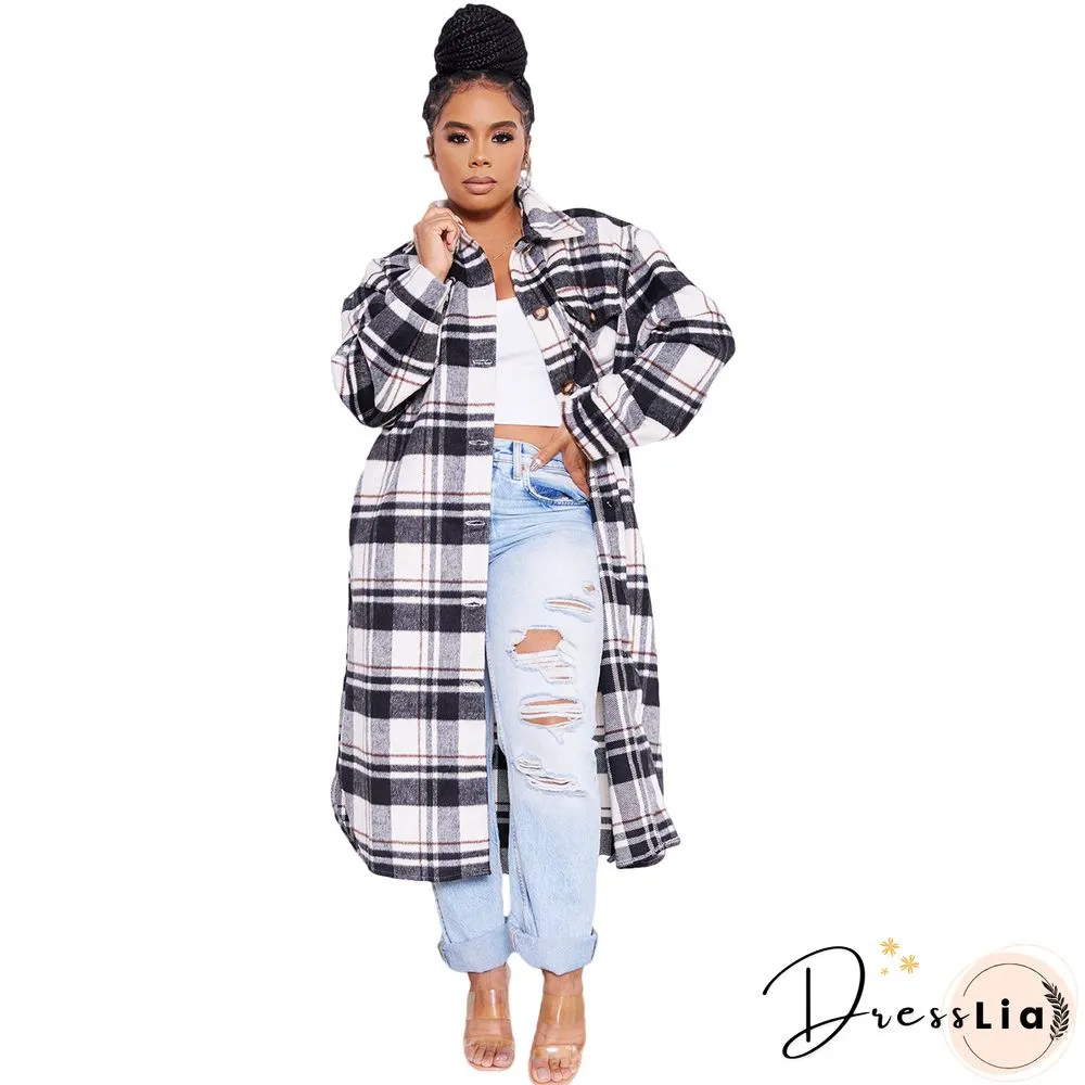 Classic Check Single-breasted Long Woolen Coat
