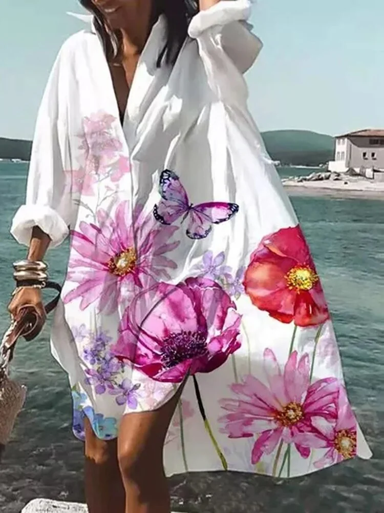 Women Buttons Shirt Dresses Autumn Elegant Floral Printed Long Sleeve Dress Ladies Casual Loose A-Line Beach Boho Dress Vestidos