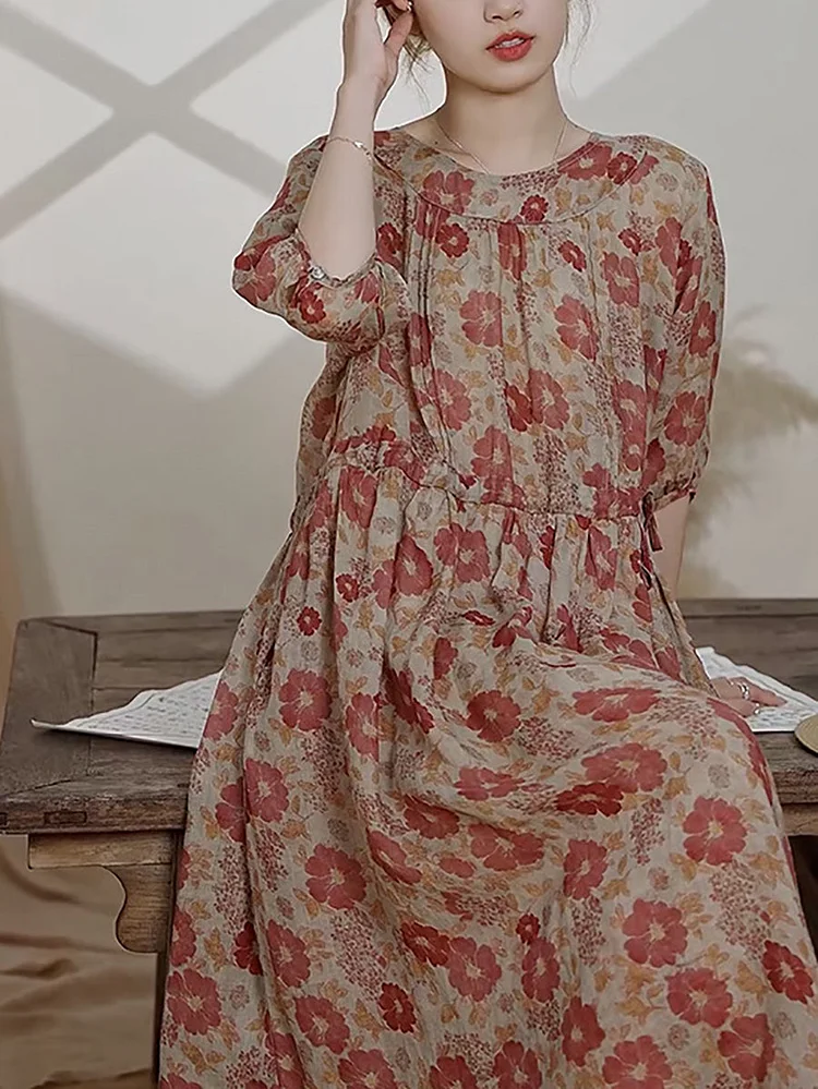 Women Summer Vintage Flower Ramie Dress