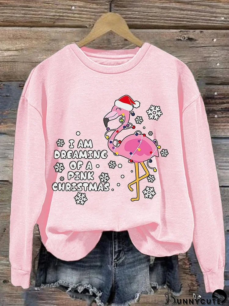 Women'S Casual I Am Dreaming Of A Pink Christmas Printed Long Sleeve Sweatshirt