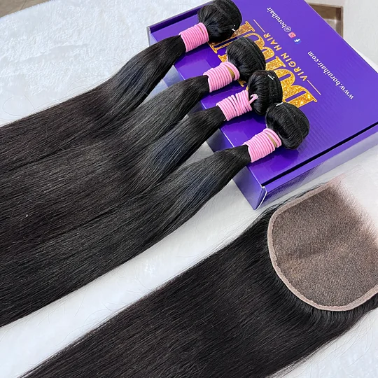 Straight 4PCS Bundles & 1PC Closure or Frontal – 5×5, 13×4 & 13×6 | 100% Human Hair | Transparent Lace Wig | Boruihair