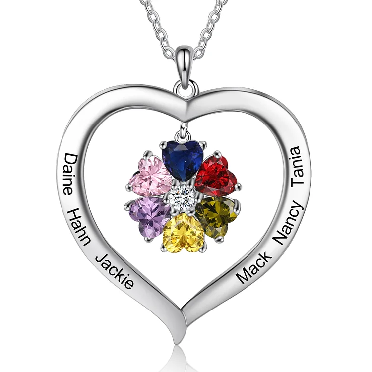 Personalized Heart Pendant Necklace with 6 Birthstones Custom 6 Names Family Necklace