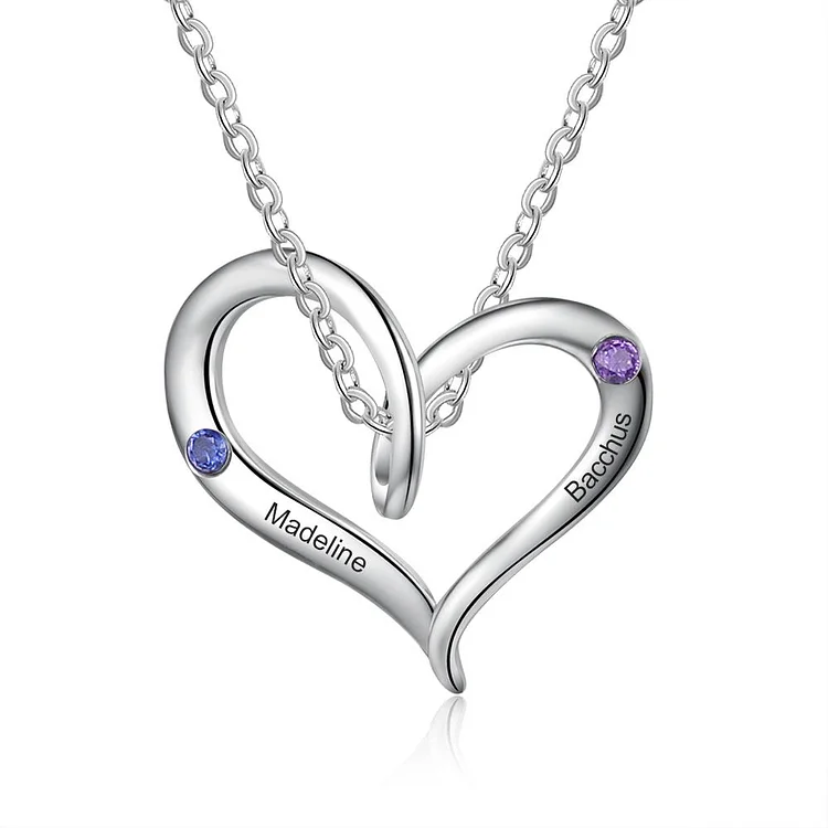 Heart Birthstone Necklace 2 Stones Engraved 2 Names Personalized Mother Necklace