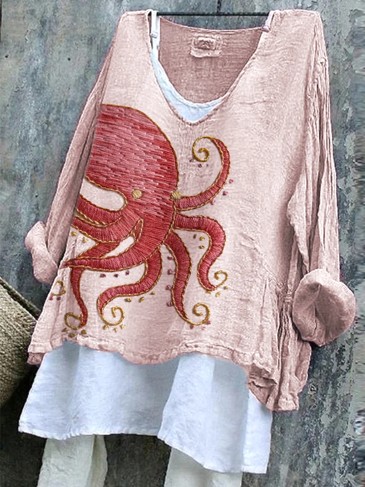 Octopus Embroidery Pattern Linen Blend Casual Shirt