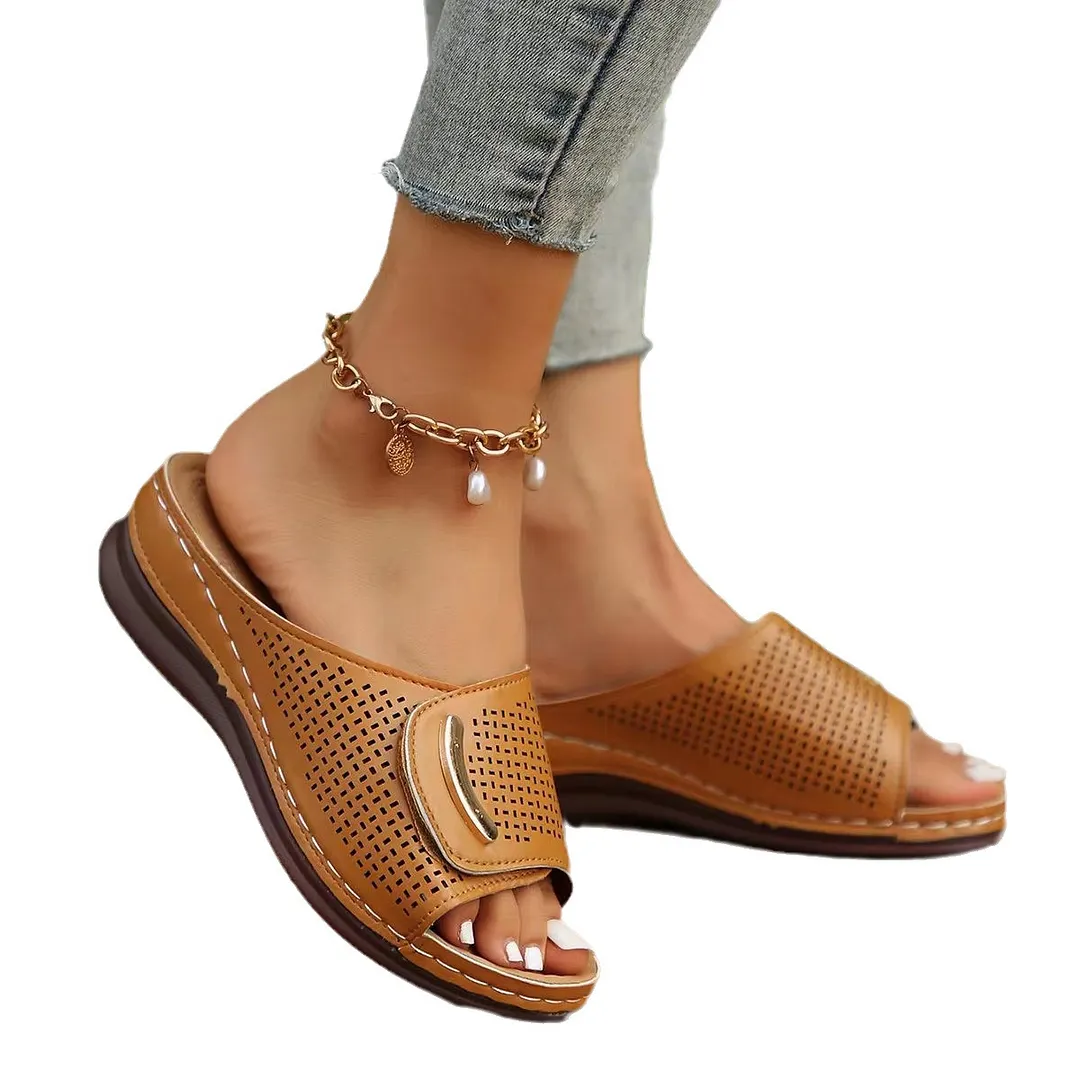 Breakj Breakj New Large-Size Slope Heel Sandals Women's Wide Strip With Breathable Casual Shoes Pure Color Slope Heel Women's Shoes