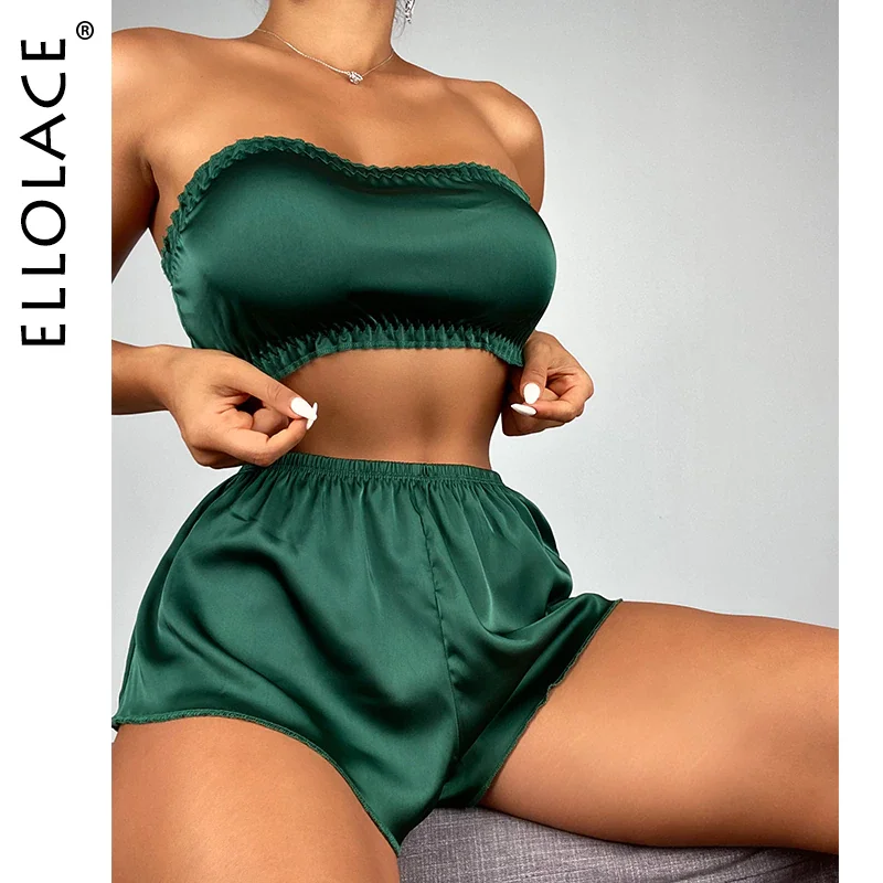 Billionm Ellolace Set Woman 2 Pieces Imitation Silk Pajama Off Boob Tube Top Shorts Outfits Lingerie Sets Home Suit Nightie Sleepwear