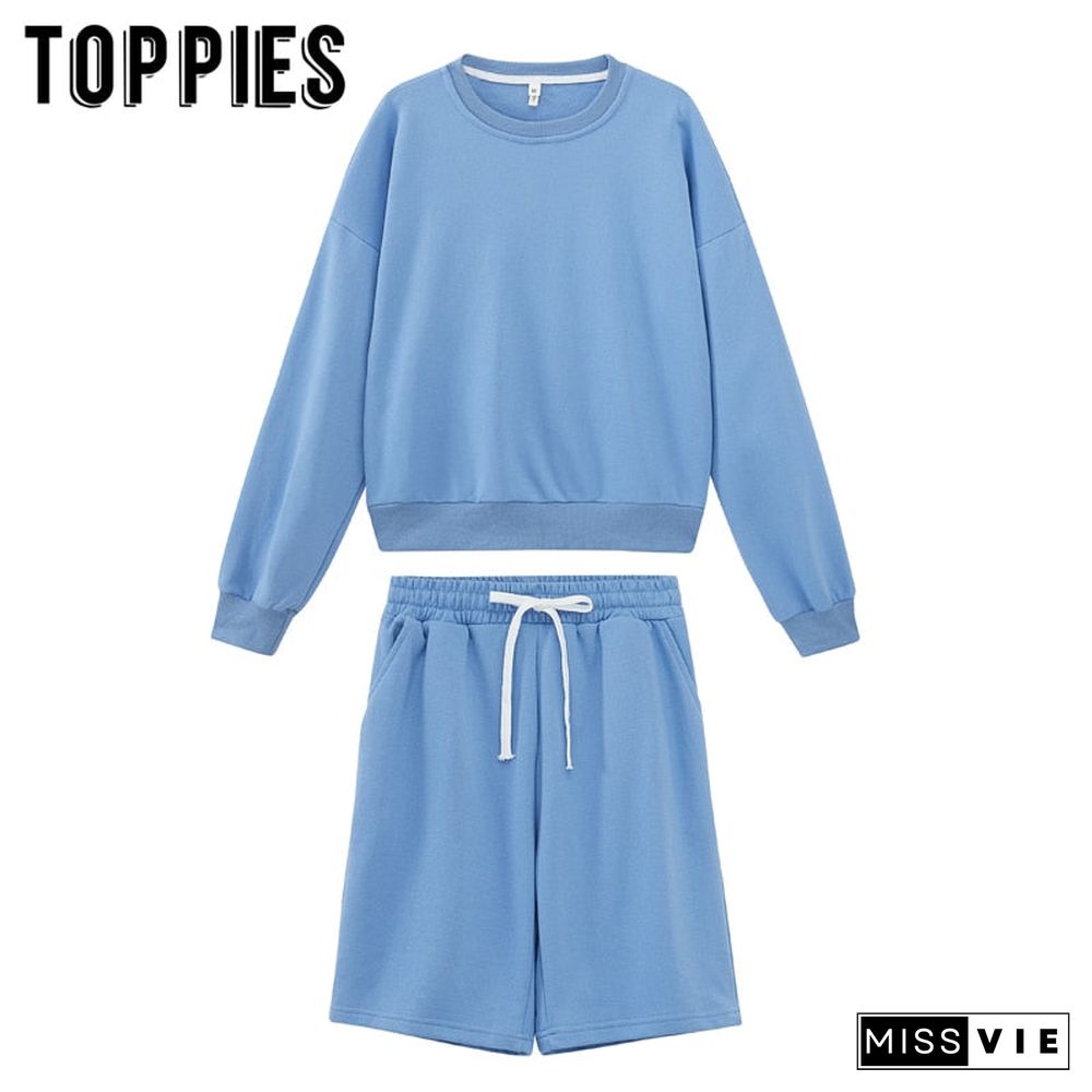 Toppies Women Two Piece Set Tracksuits O-Neck Sweatshirts Elastic High Waist Bermuda Solid