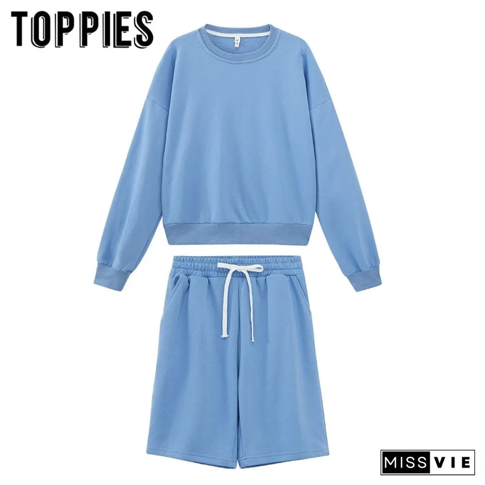Toppies Women Two Piece Set Tracksuits O-Neck Sweatshirts Elastic High Waist Bermuda Solid
