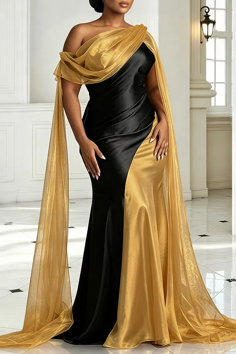black and gold plus size evening dresses Xpluswear Design Formal Organza Oblique Collar Draped Contrast Satin Maxi Gold-2XL/18-20 VALENTINE
