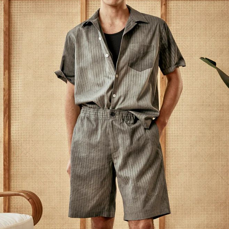Men's Cotton And Linen Striped Olive Green Casual Suit