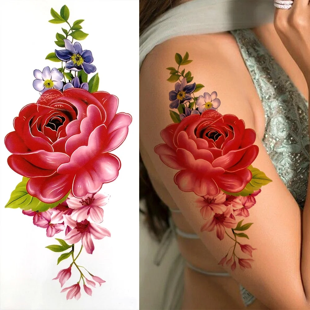 3D Lily Flower Temporary Tattoos For Women Adults Rose Lotus Anemone Tattoo Sticker Fake Half Sleeve Watercolor Arm Tatoos