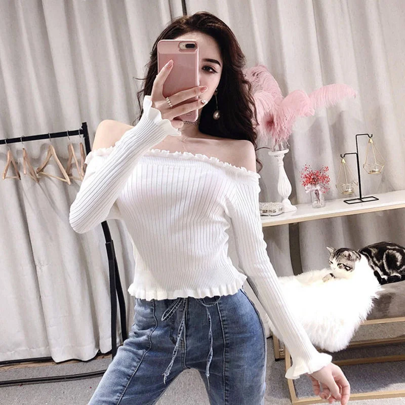 Uveng Uveng New Hong Kong Style Hottie Word Shoulder Wood Ear Long-Sleeved Knit Shirt Repair Short Bottom Top Anchor