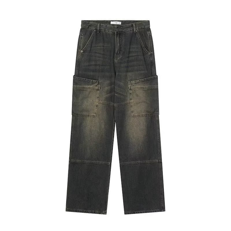 Unisex Men's High Street Retro Spliced Gradient Washed Distressed Work Jeans - SOPULA
