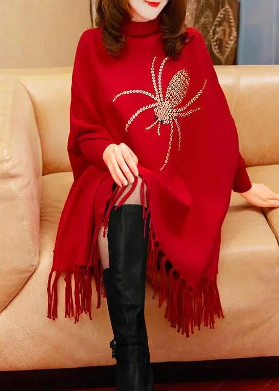 Fine Red Turtleneck Tassel Long Knit Sweater Dress Winter