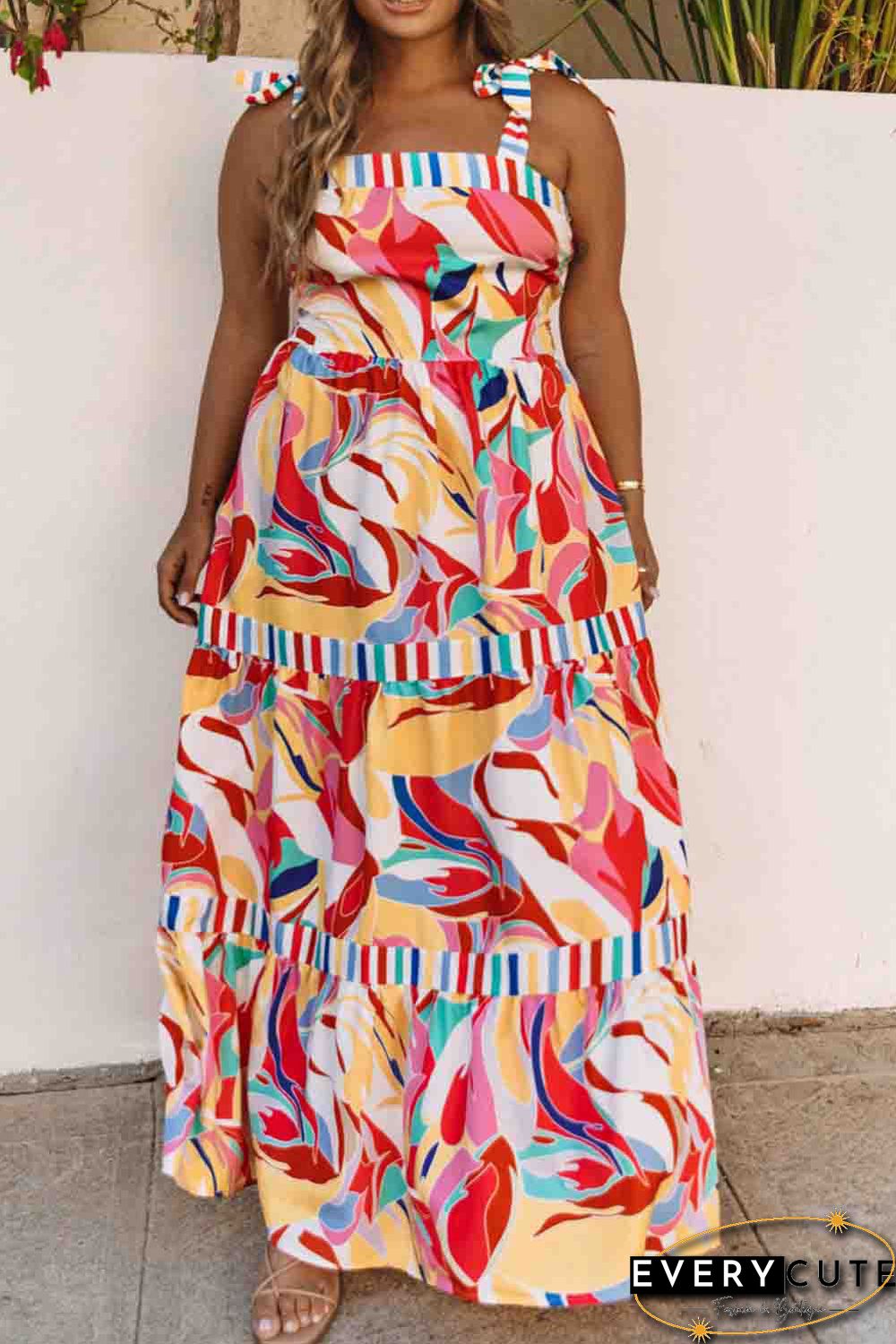 Multicolor Bohemian Abstract Print Tie Straps Maxi Dress