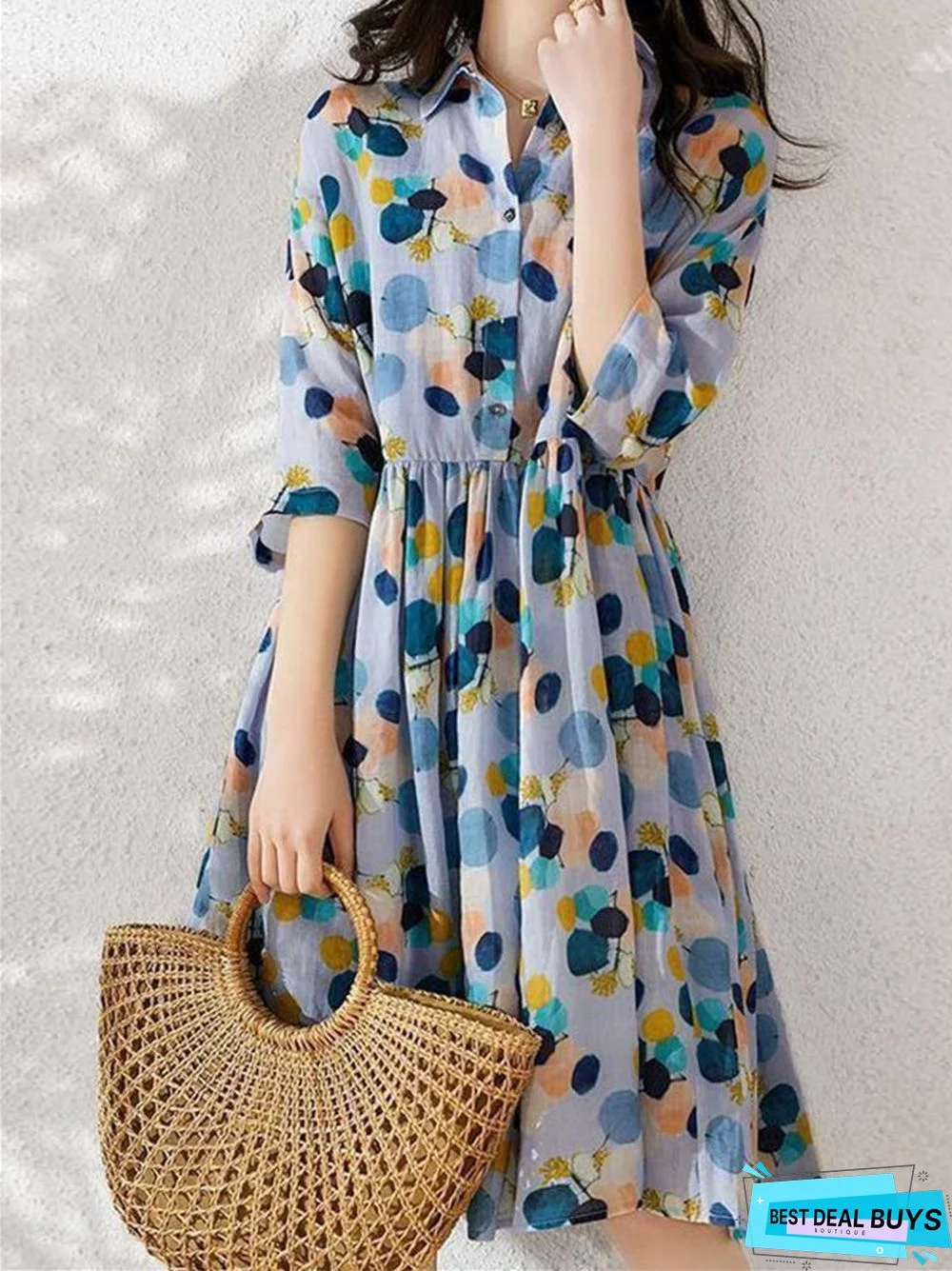 Broken Flower Wave Point Dress Receives Waist to Show Thin In Temperament Long Skirt Shirt