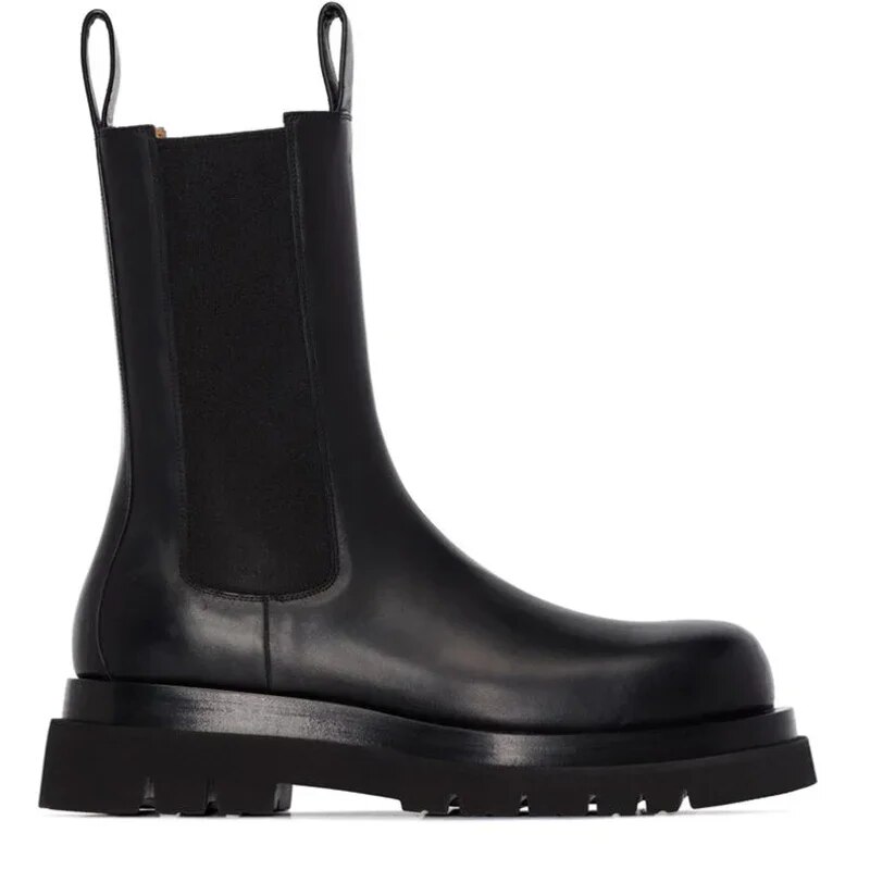 VCSHOES Korean Type Boots Men Round Toe Black/White Genuine Leather Men's Boots Thick Sole Motorcycle/Runway Shoes For Man