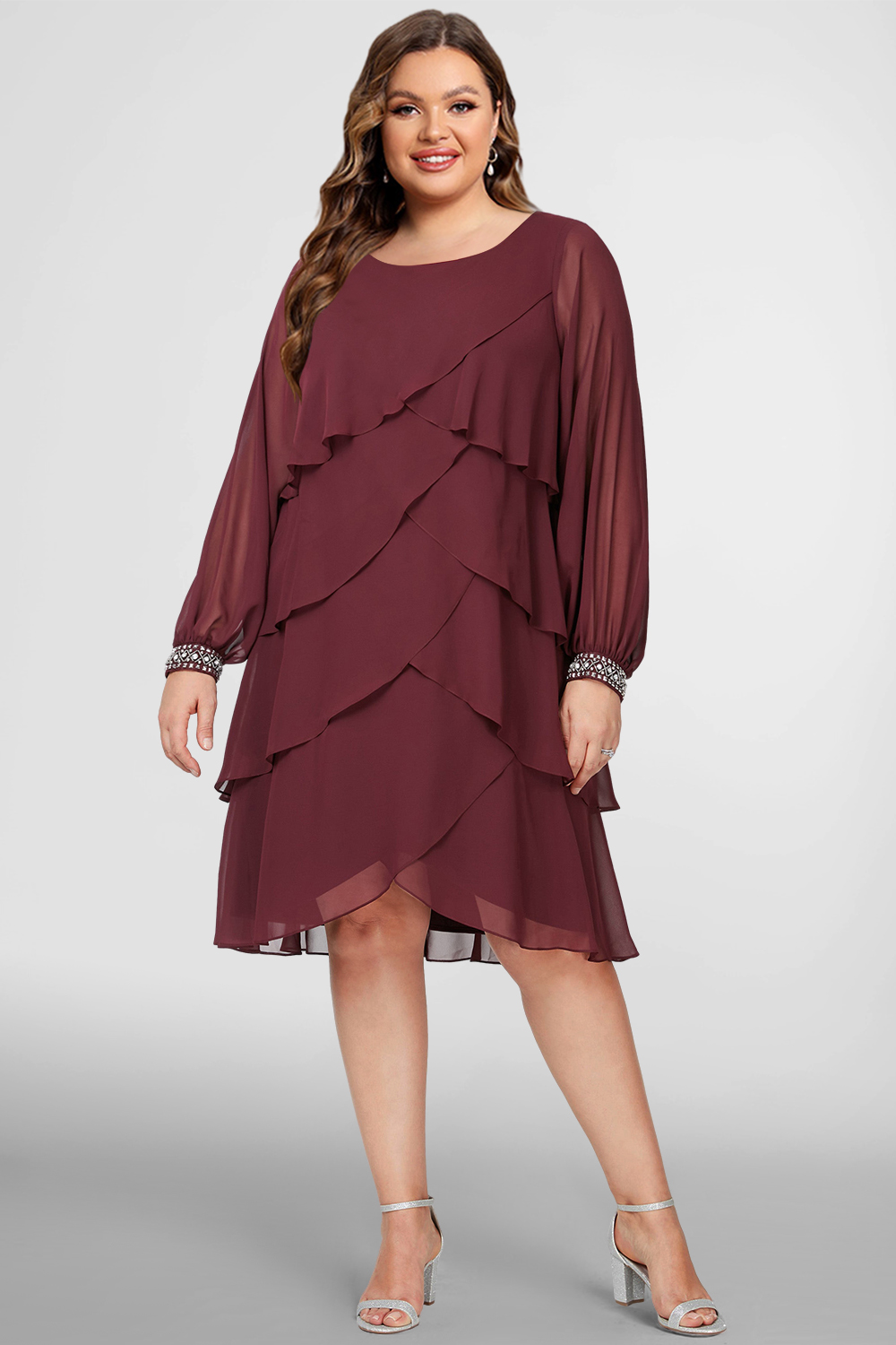 Flycurvy Plus Size Mother Of The Bride Burgundy Chiffon Layered Long Sleeve Midi Dress