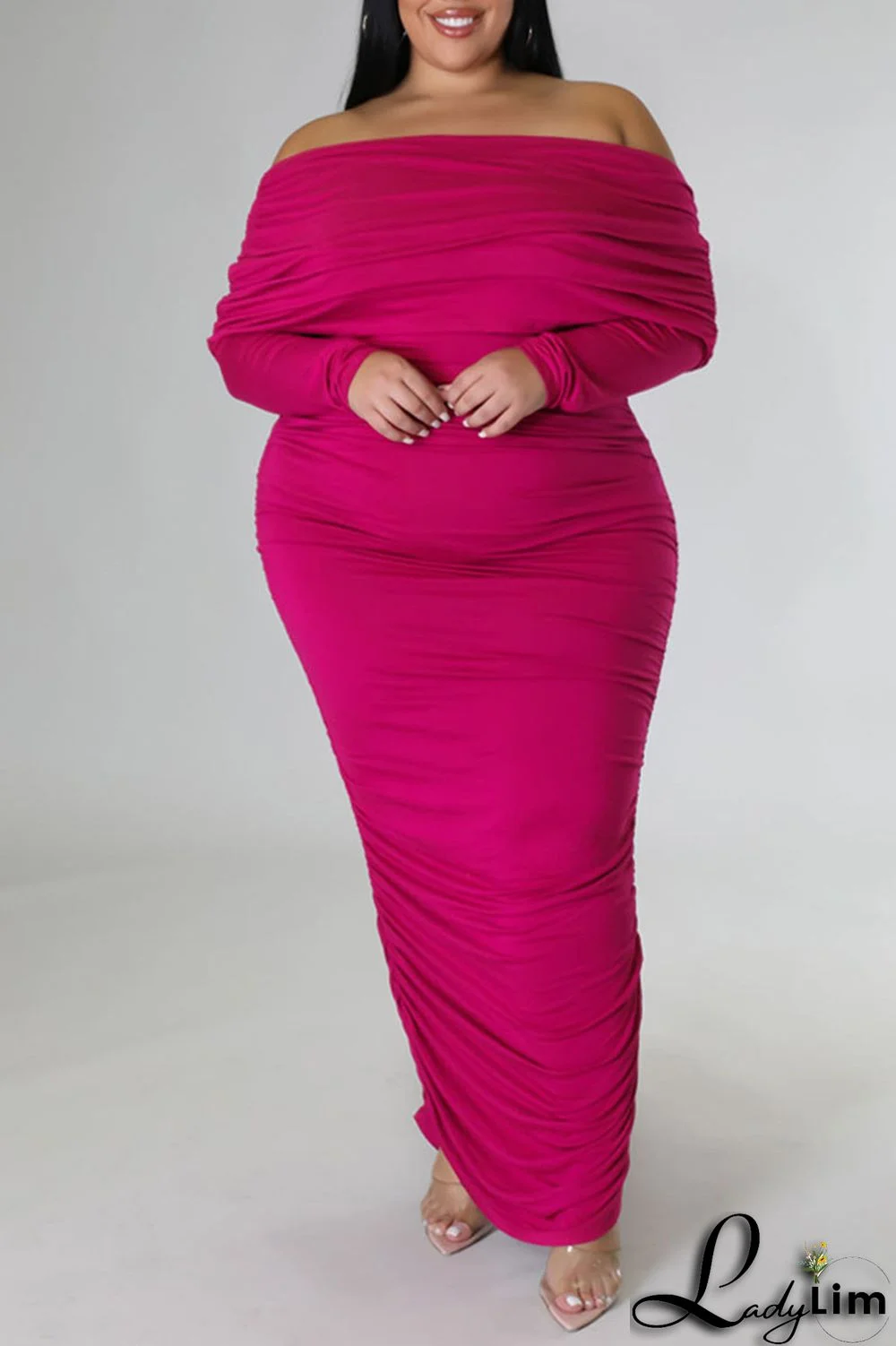 Rose Red Sexy Solid Patchwork Fold Off the Shoulder Pencil Skirt Plus Size Dresses