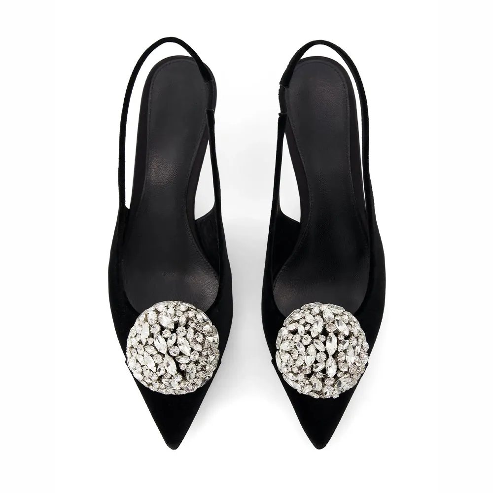 Black Pointed Toe Sculptural Heel Rhinestone Slingback Pumps