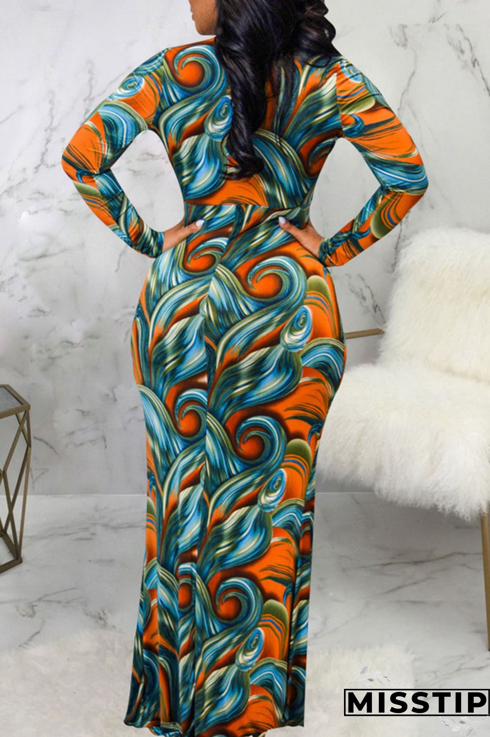 Blue Sexy Print Patchwork V Neck Long Sleeve Dresses