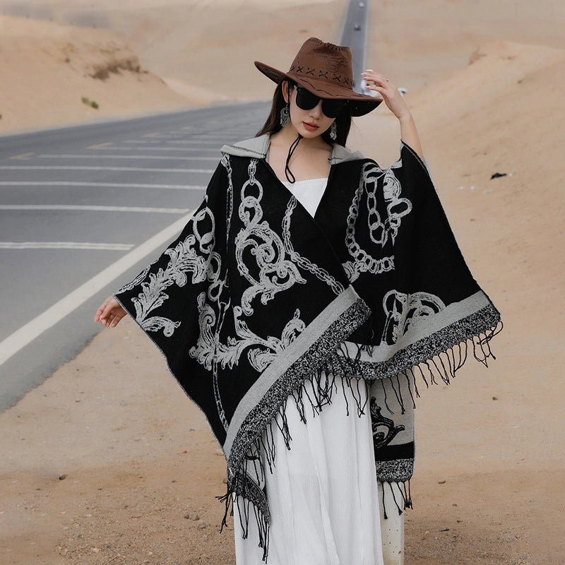 Ethnic Style Hooded Shawl Cloak Lijiang Xinjiang Tibet Northwest Tourism Wear Photograph Warm Outer Cape