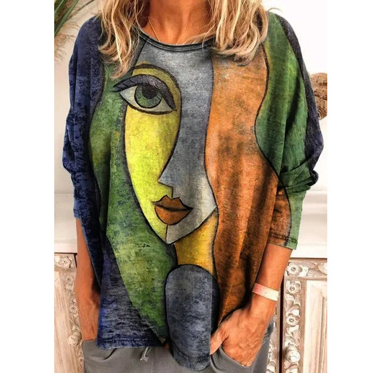 Uveng Size Women's Printing Print Long Sleeve Loose T-shirt