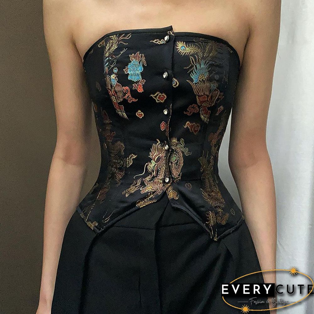 Retro Chinese Dragon Embroidered Contrast Color Wrap Corset Top