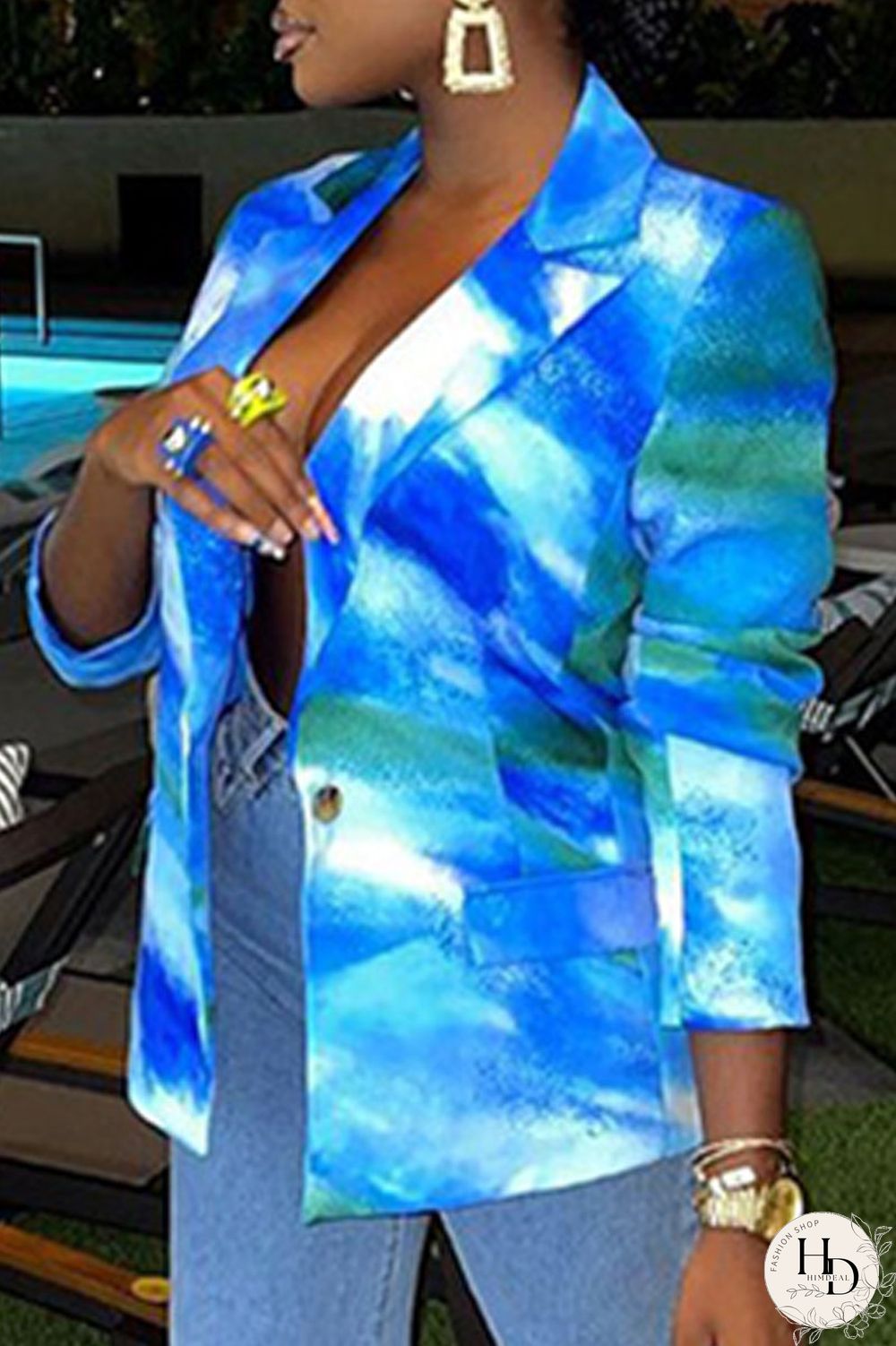 Peacock Blue Casual Print Split Joint Turn-back Collar Outerwear