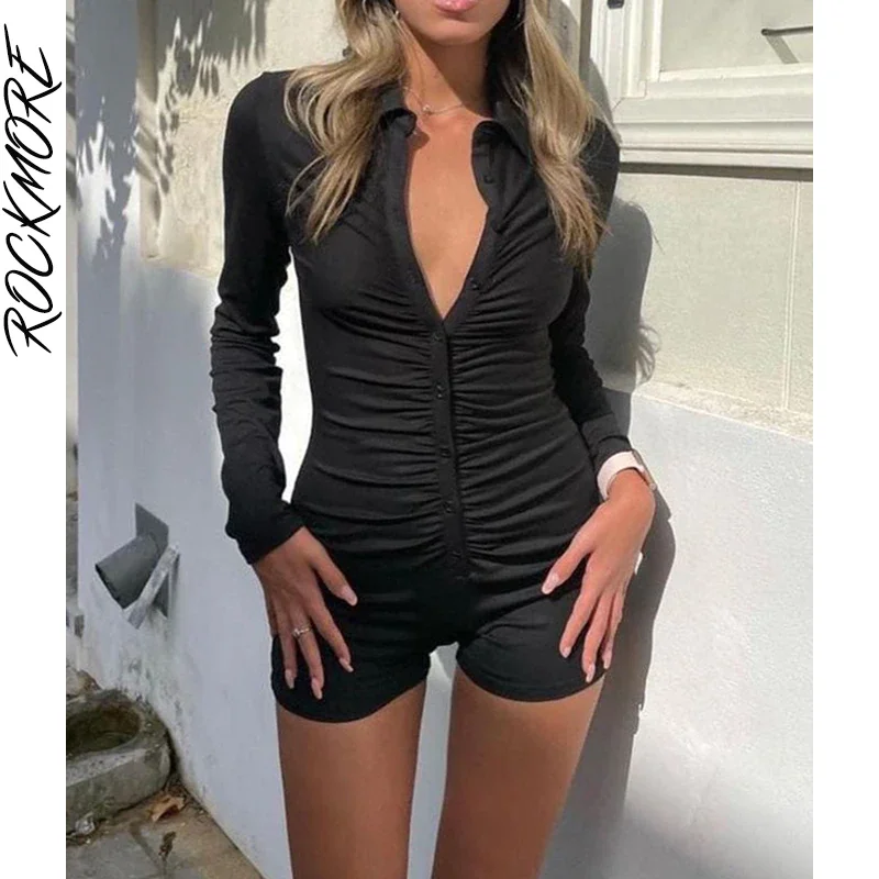 Toloer Rockmore Black Ruched Playsuits Long Sleeve Bodysuits For Women Y2K Streetwear Buttons Jumpsuits Casual Rompers Playsuit Femme