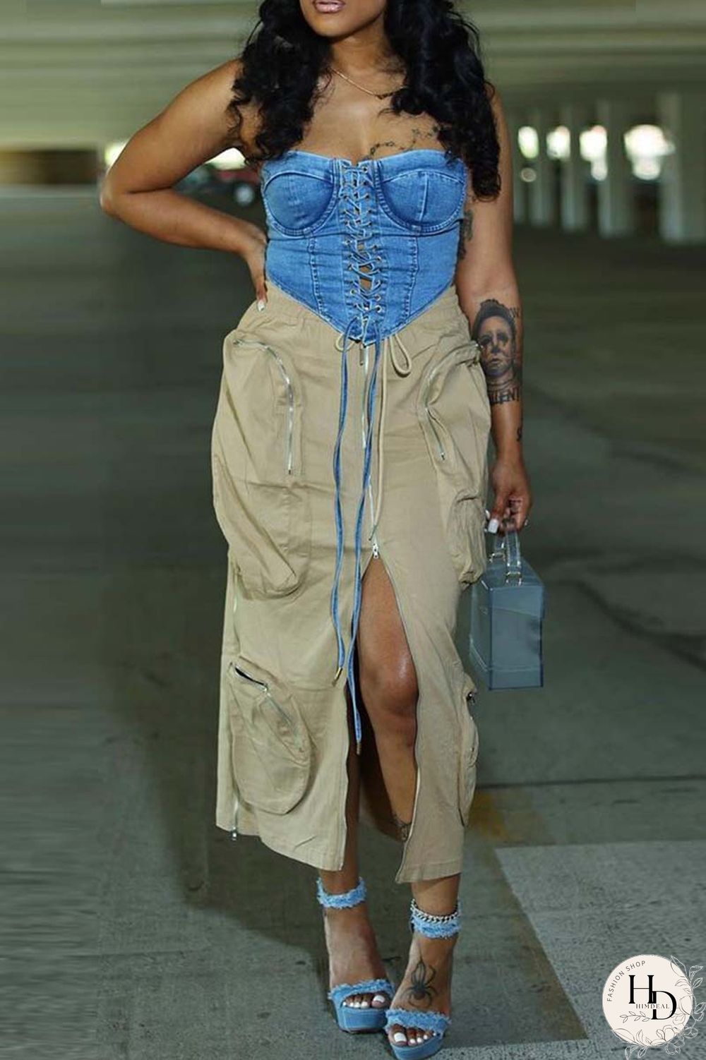 Khaki Casual Solid Patchwork Regular High Waist Conventional Solid Color Skirt