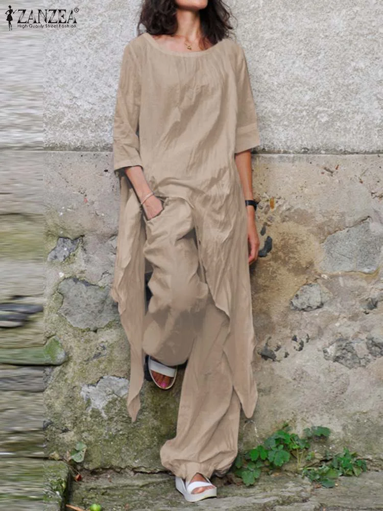 Two Piece Sets Women Tracksuit ZANZEA Fashion Summer Matching Sets 2PCS Casual 3/4 Sleeve Irregular Blouse Suits Urban Outifits7