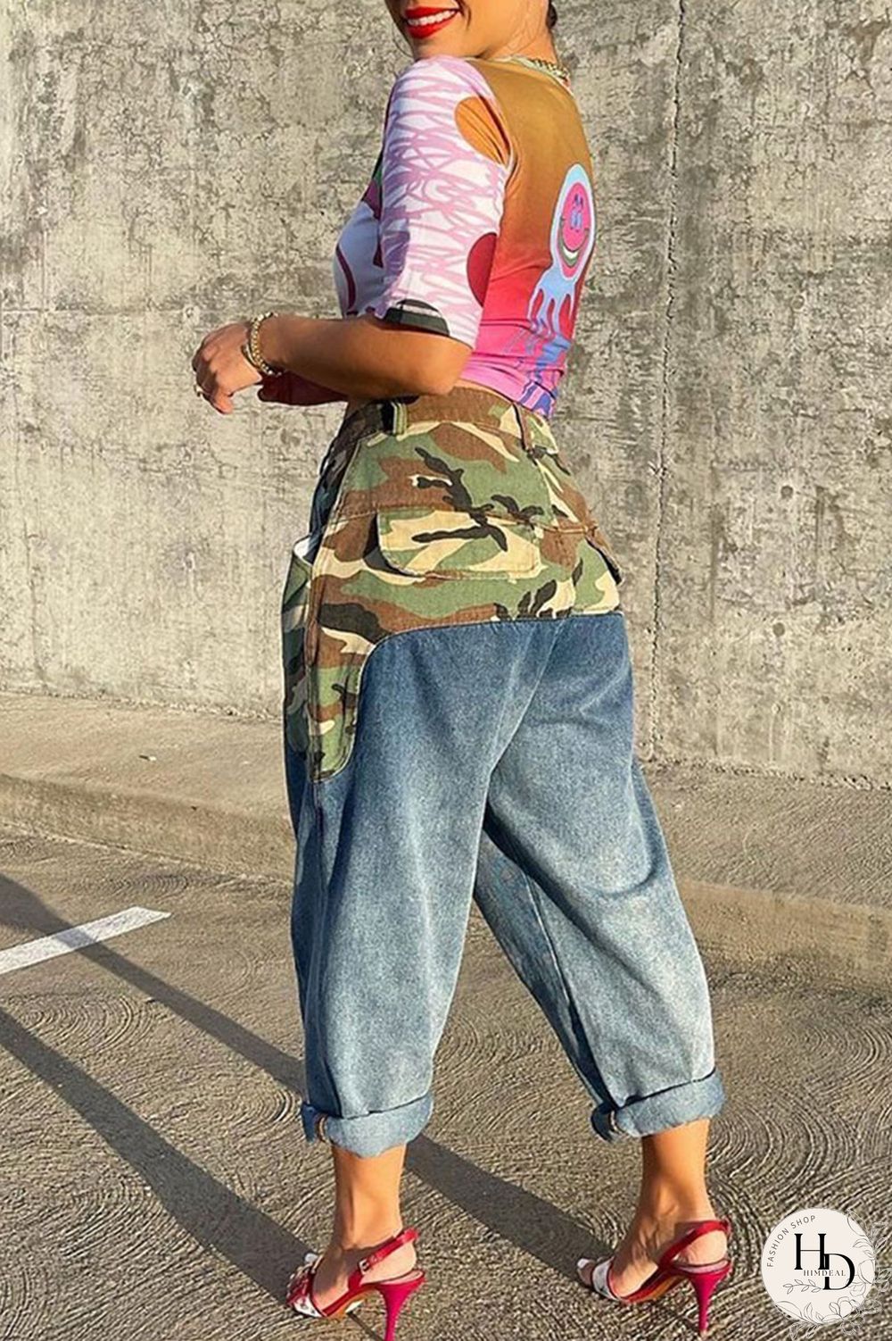 Blue Street Print Camouflage Print Patchwork High Waist Loose Denim Jeans