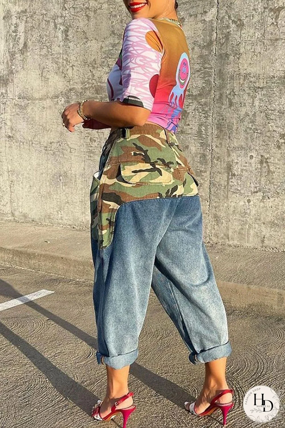 Blue Street Print Camouflage Print Patchwork High Waist Loose Denim Jeans