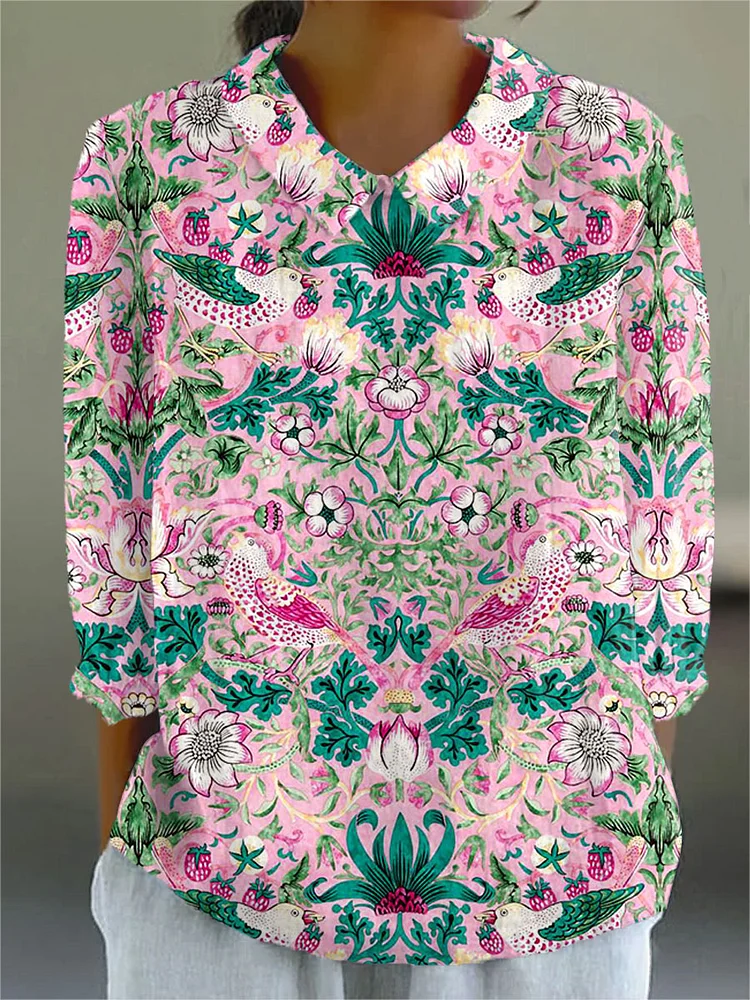 Women's Vintage Flowers Art Print Casual Cotton And Linen 3/4 Sleeve Shirt