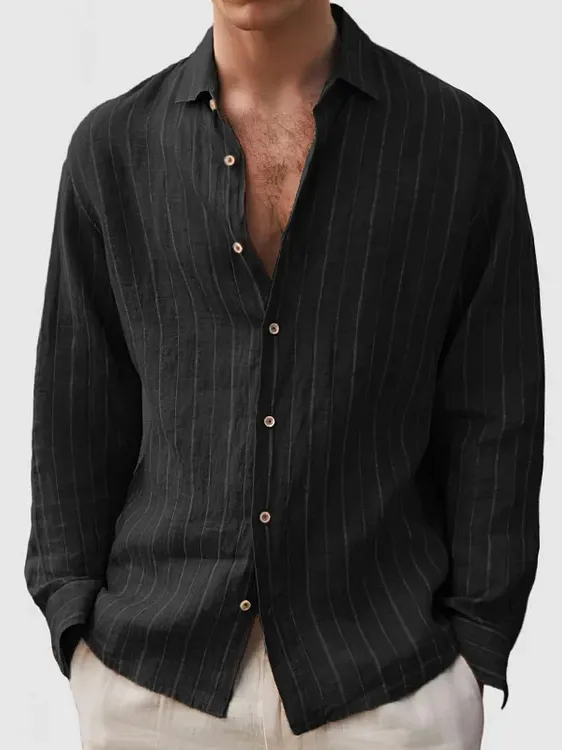 Men's Linen Striped Fashionable Long Sleeve Shirt PLUSCLOTHESMAN